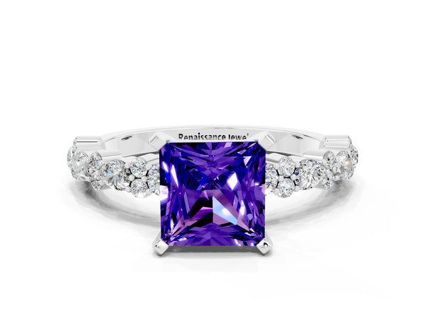 Silver Princess Cut Tanzanite Side Stone Solitaire Ring with Round  and Four-Prong Setting