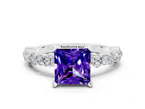 White gold Princess Cut Tanzanite Solitaire with Side Stones, Pave Band, Four-Prong Setting_36