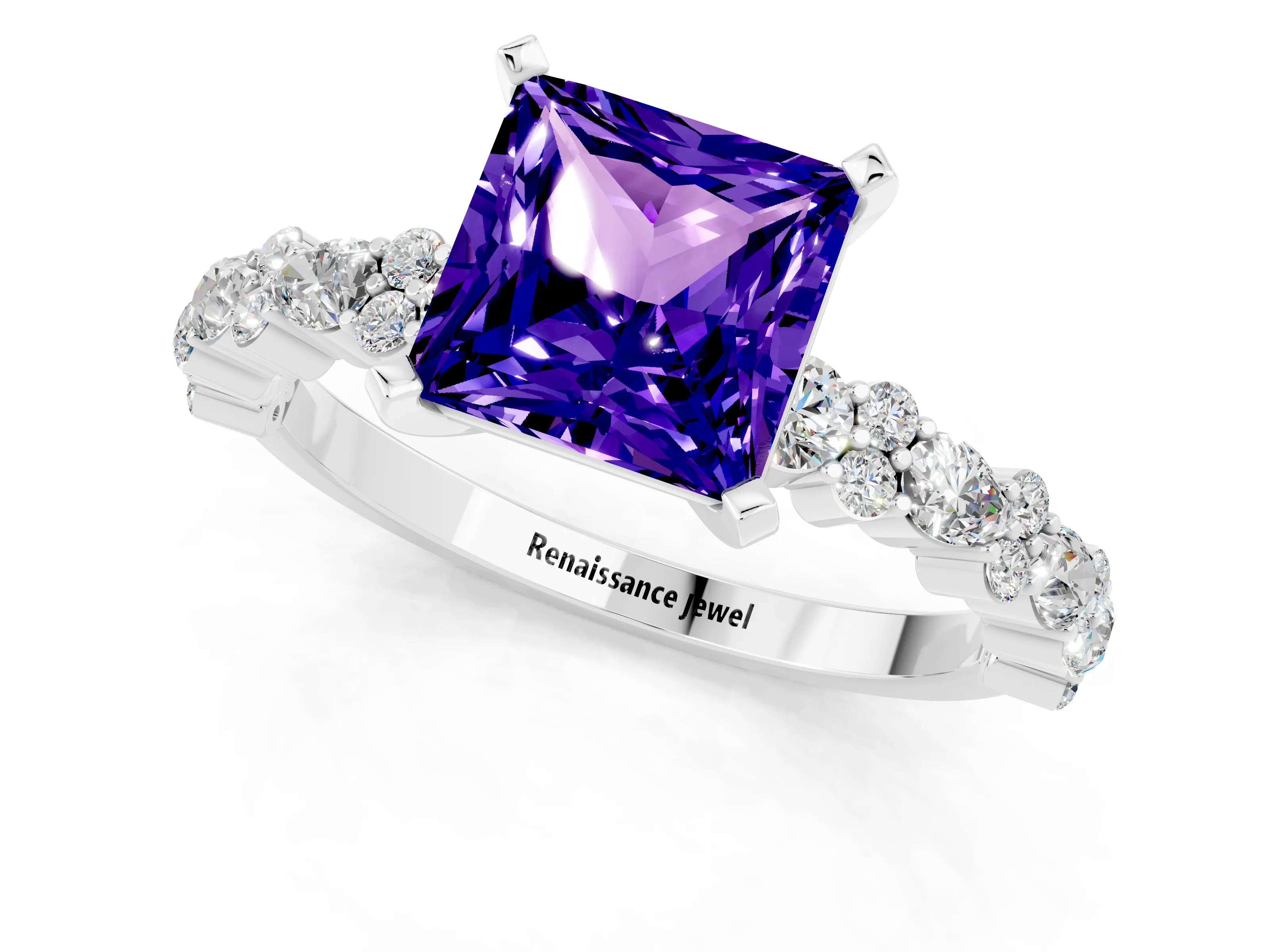 White gold Princess Cut Tanzanite Solitaire with Side Stones, Pave Band, Four-Prong Setting_37