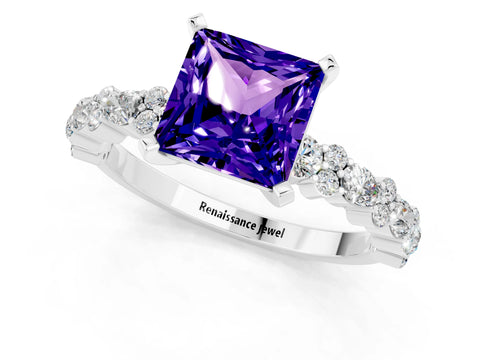 White gold Princess Cut Tanzanite Solitaire with Side Stones, Pave Band, Four-Prong Setting_37