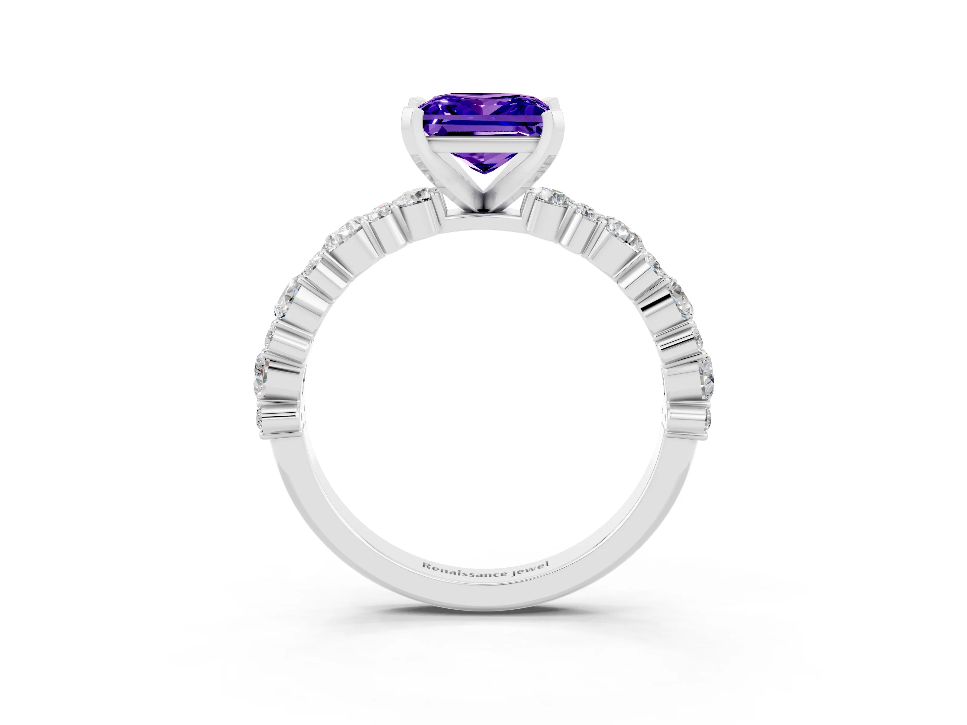 White gold Princess Cut Tanzanite Solitaire with Side Stones, Pave Band, Four-Prong Setting_39