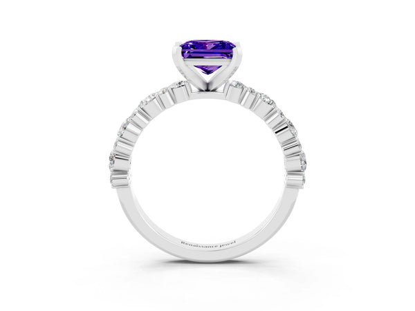 Platinum Princess Cut Tanzanite Side Stone Solitaire Ring with Round  and Four-Prong Setting