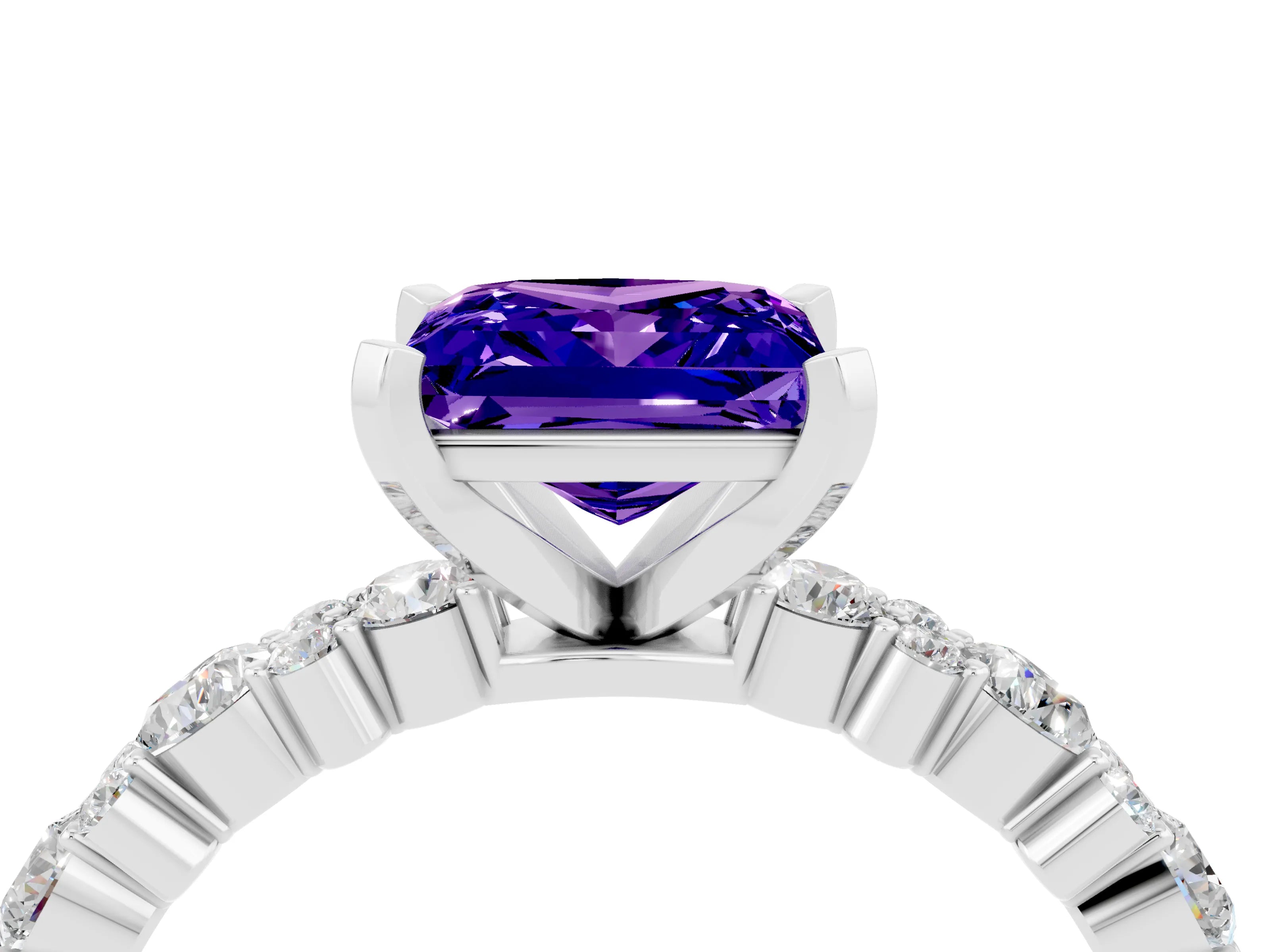 White gold Princess Cut Tanzanite Solitaire with Side Stones, Pave Band, Four-Prong Setting_40