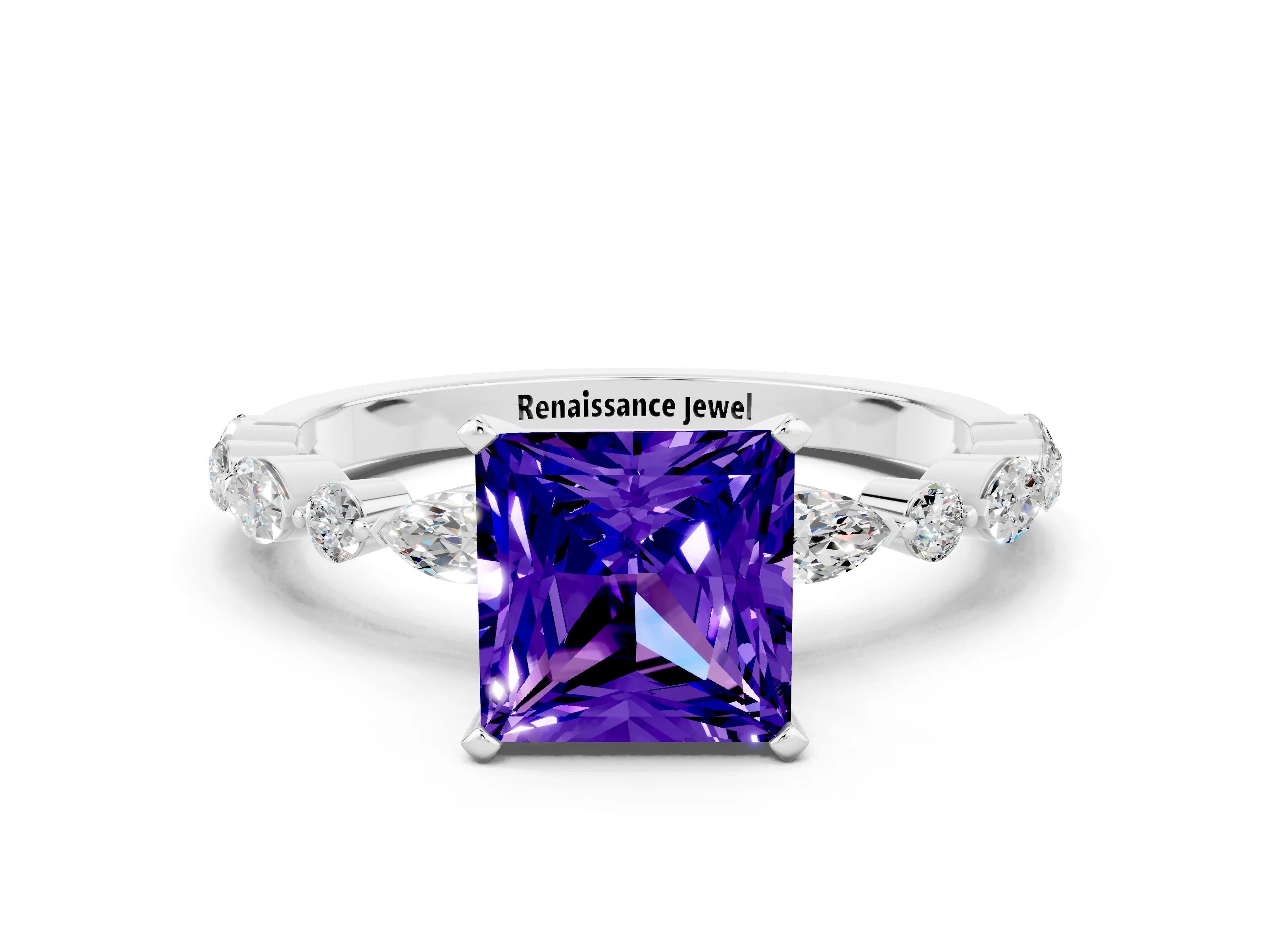 White gold Princess Cut Tanzanite Solitaire with Side Stones on a Pavé Band and Four-Prong Setting