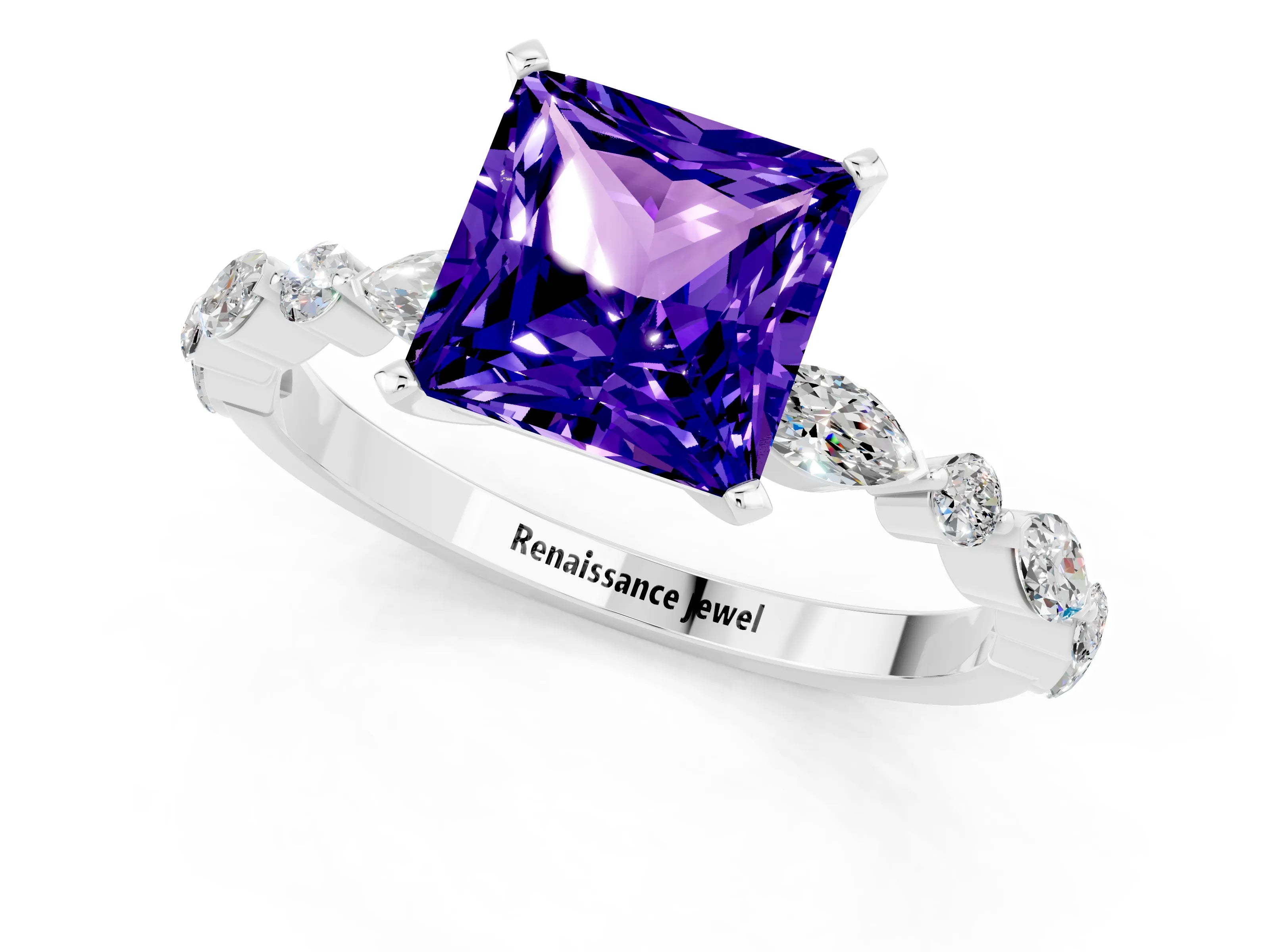 White gold Princess Cut Tanzanite Solitaire with Side Stones on a Pavé Band and Four-Prong Setting_1