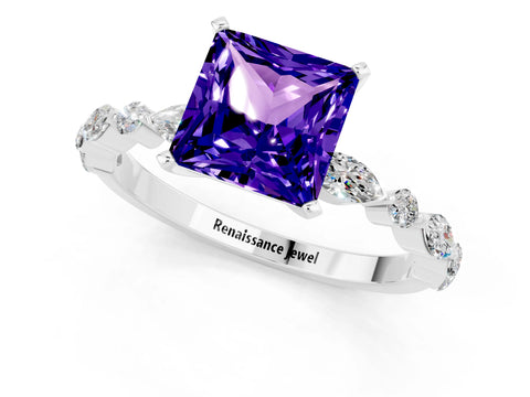 White gold Princess Cut Tanzanite Solitaire with Side Stones on a Pavé Band and Four-Prong Setting_1