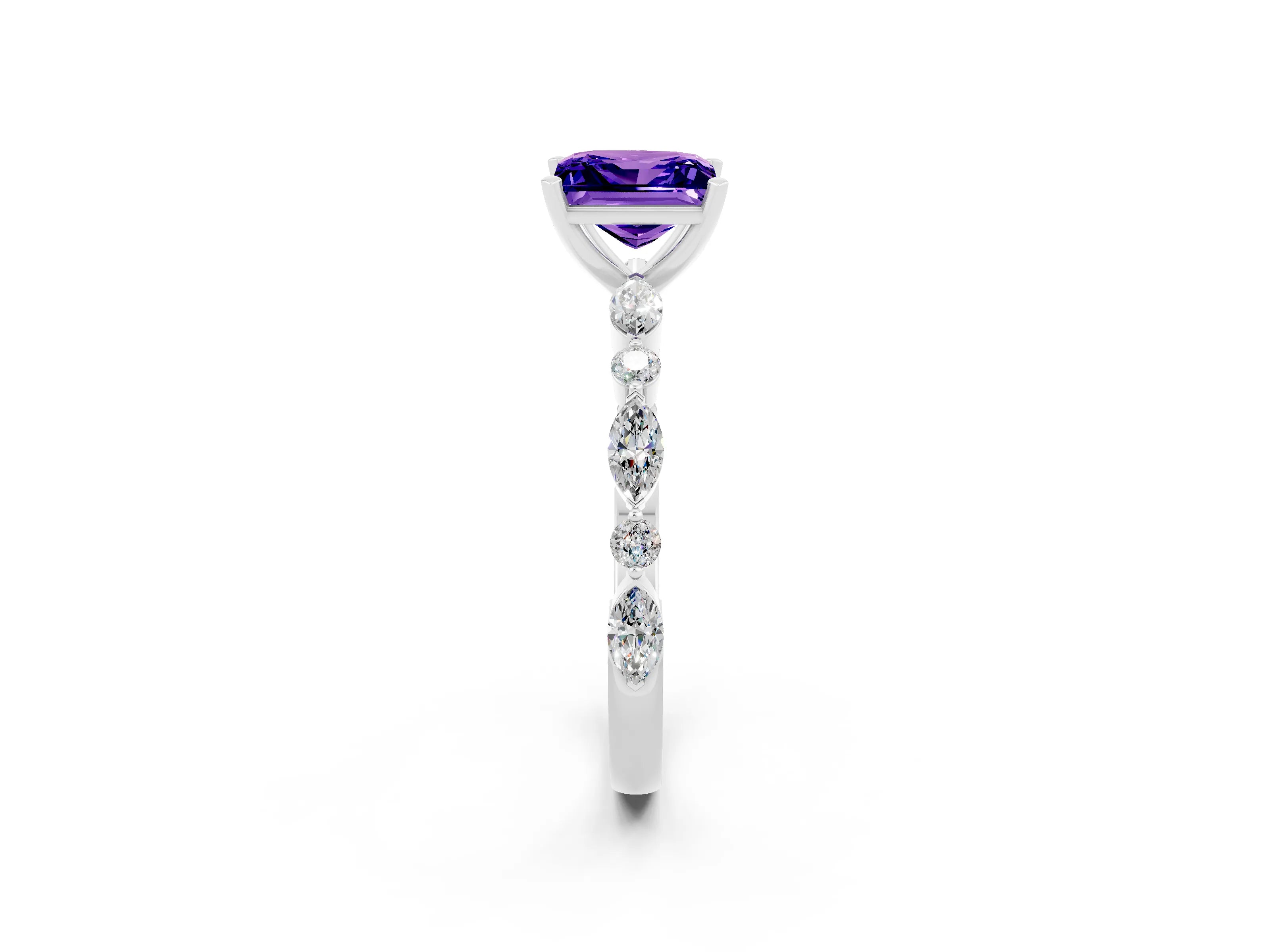 White gold Princess Cut Tanzanite Solitaire with Side Stones on a Pavé Band and Four-Prong Setting_2