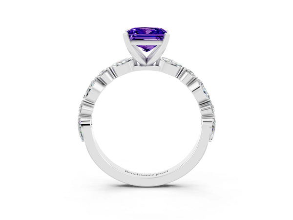 Platinum Princess Cut Tanzanite Ring with Marquise and Round  Side Stones and Four-Prong Setting