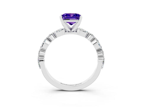 White gold Princess Cut Tanzanite Solitaire with Side Stones on a Pavé Band and Four-Prong Setting_3