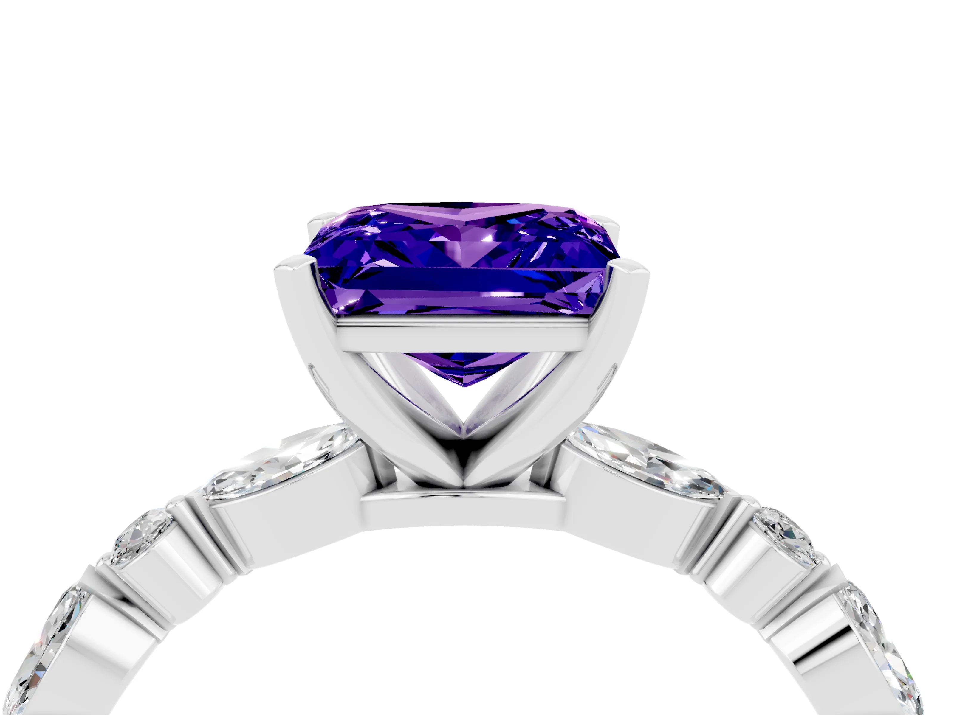 White gold Princess Cut Tanzanite Solitaire with Side Stones on a Pavé Band and Four-Prong Setting_4