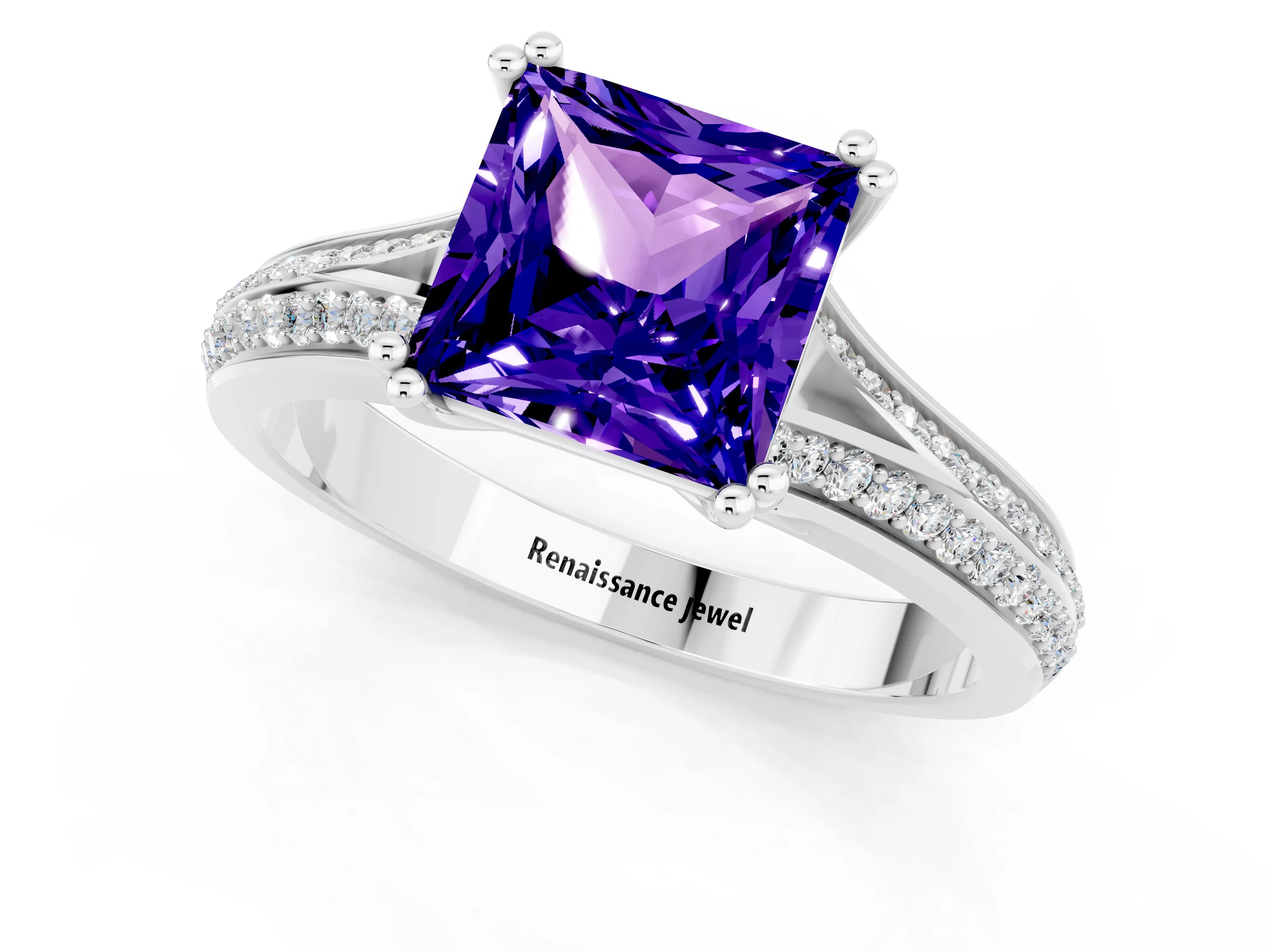 White gold Princess Cut Tanzanite Split Shank Engagement Ring with Pavé Band_1