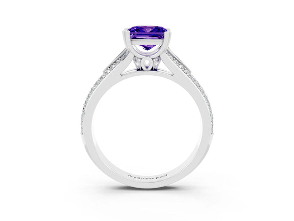 Platinum Princess Cut Tanzanite Split Shank Engagement Ring with Pavé Band