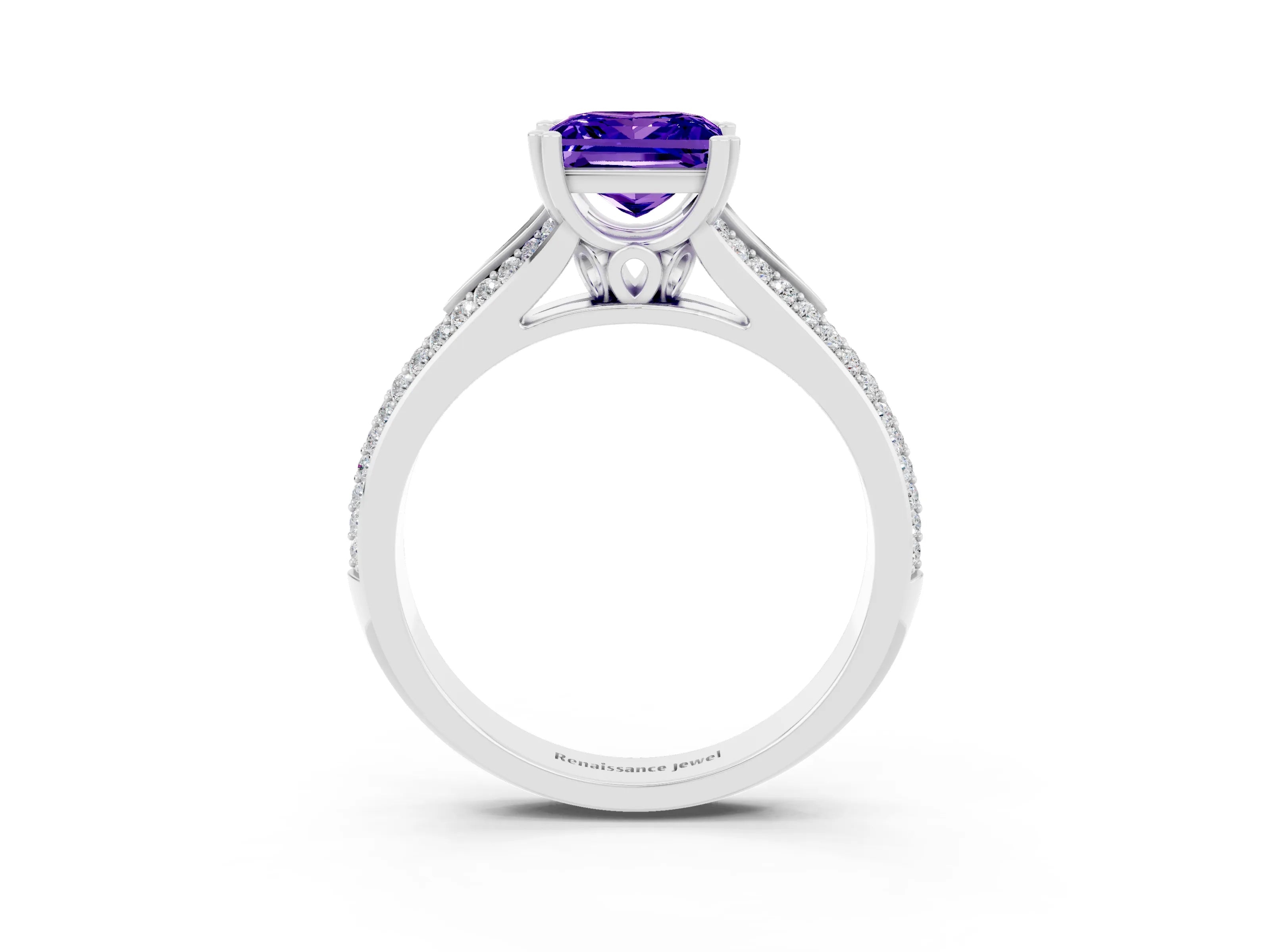 White gold Princess Cut Tanzanite Split Shank Engagement Ring with Pavé Band_3