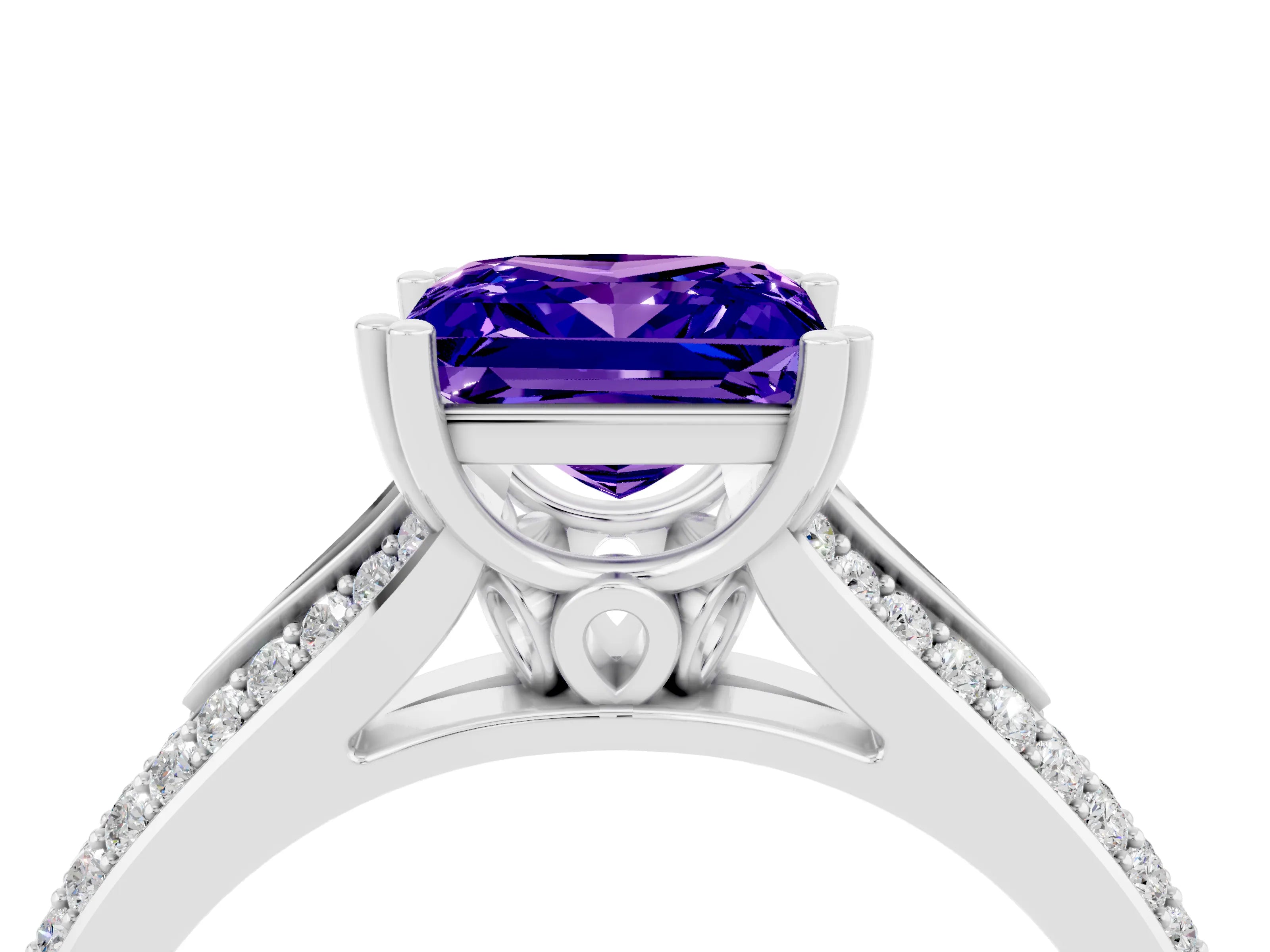 White gold Princess Cut Tanzanite Split Shank Engagement Ring with Pavé Band_4
