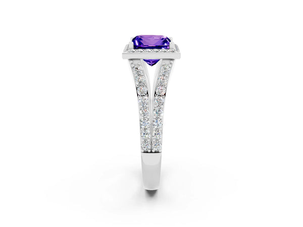 Silver Princess Cut Tanzanite Split Shank Halo Ring with Four-Prong Setting