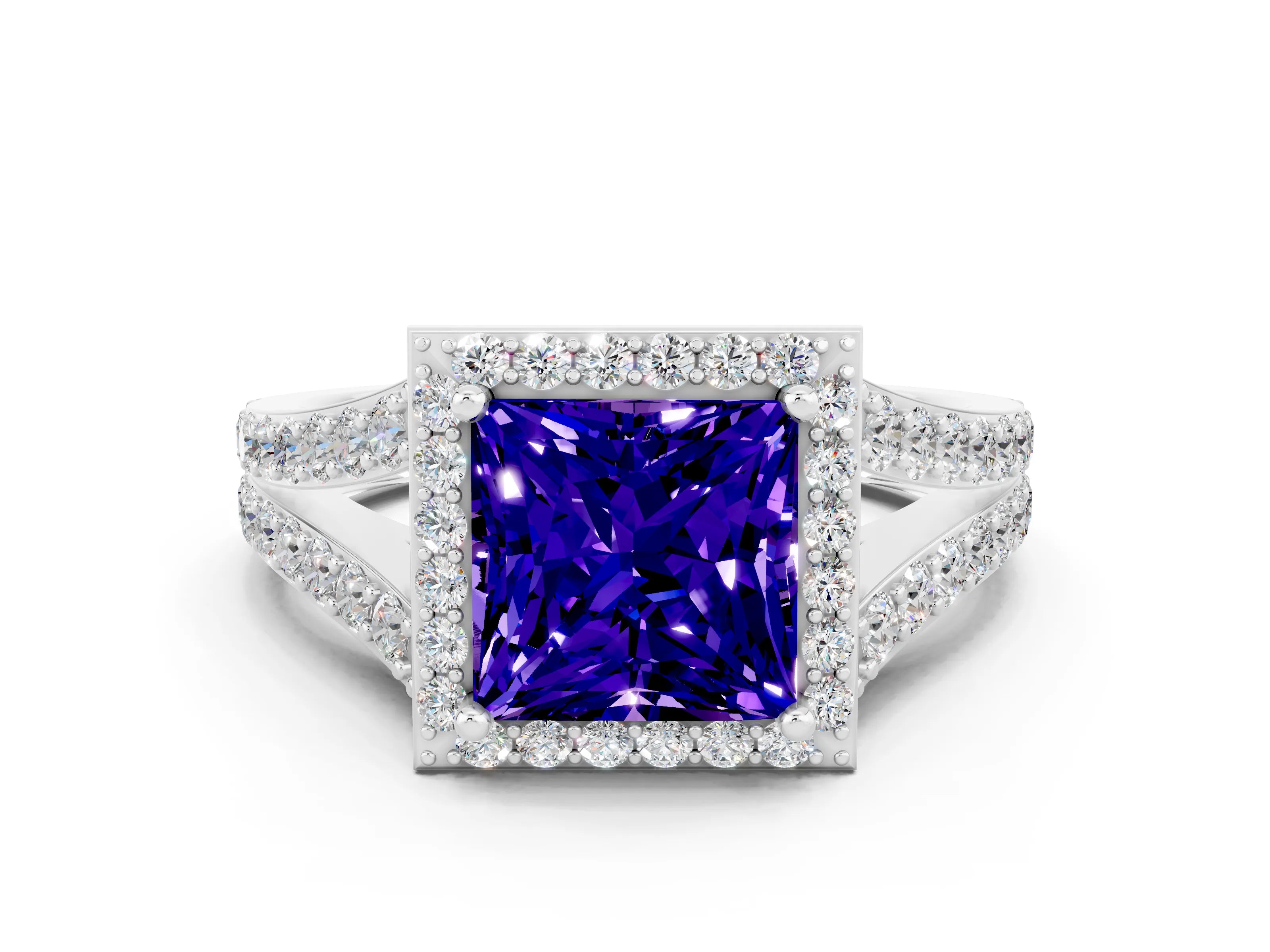 White gold Princess Cut Tanzanite Split Shank Halo Ring with Four-Prong Setting_60