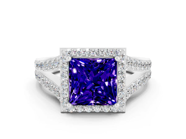 White gold Princess Cut Tanzanite Split Shank Halo Ring with Four-Prong Setting