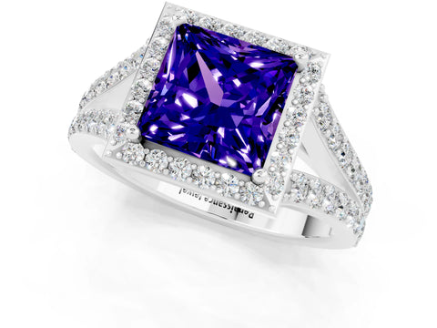 White gold Princess Cut Tanzanite Split Shank Halo Ring with Four-Prong Setting_61