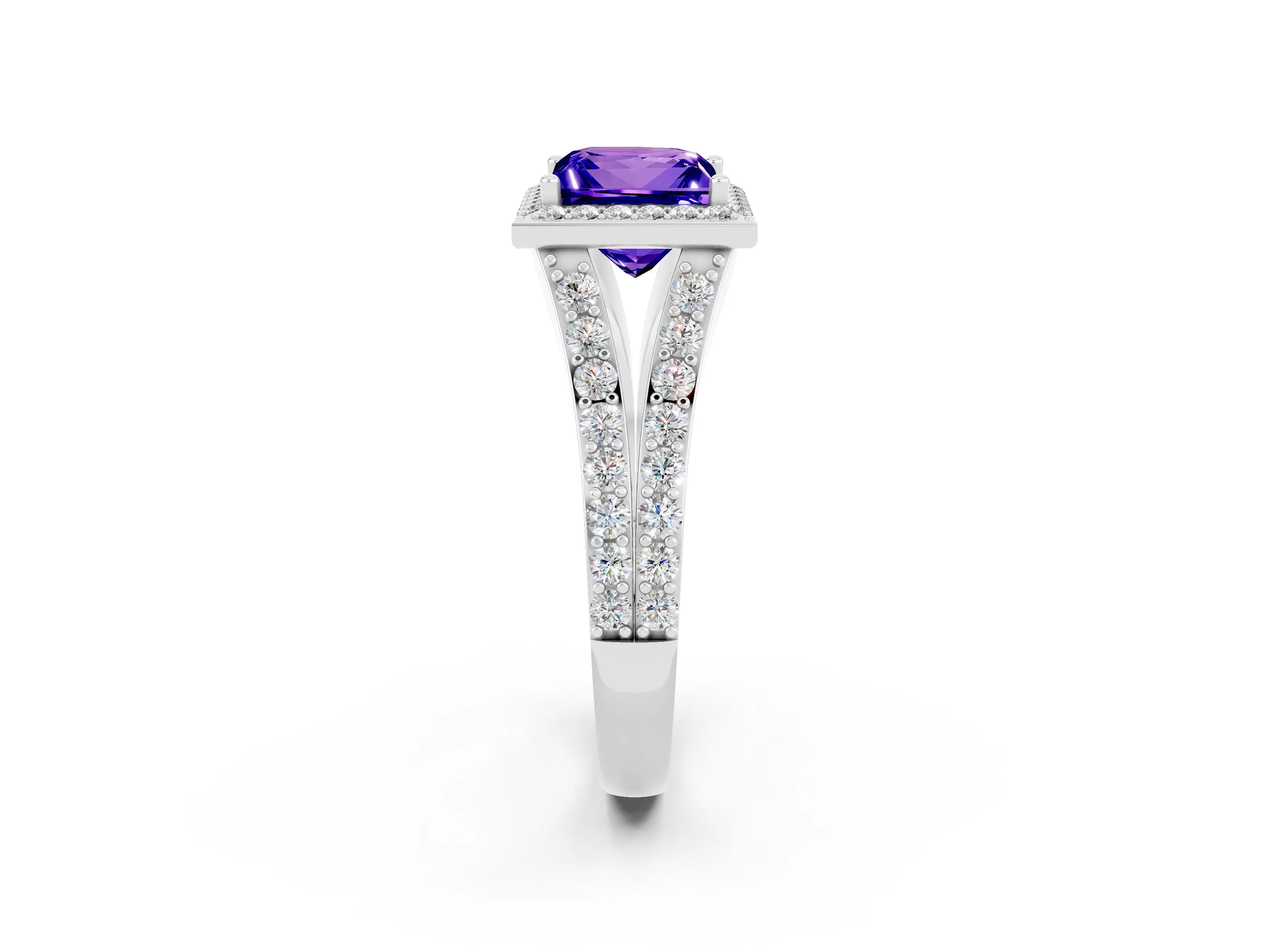 White gold Princess Cut Tanzanite Split Shank Halo Ring with Four-Prong Setting_62