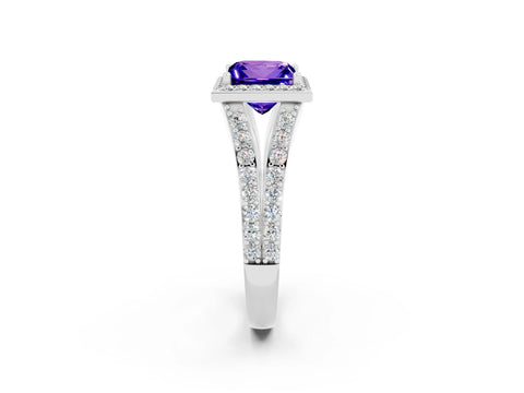 White gold Princess Cut Tanzanite Split Shank Halo Ring with Four-Prong Setting_62