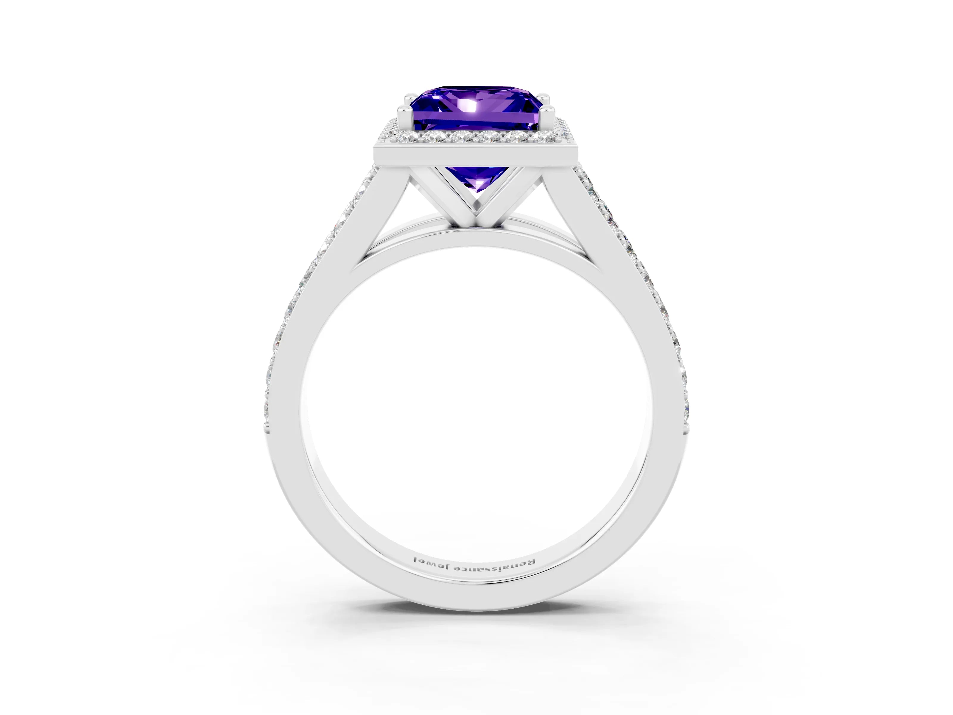 White gold Princess Cut Tanzanite Split Shank Halo Ring with Four-Prong Setting_63