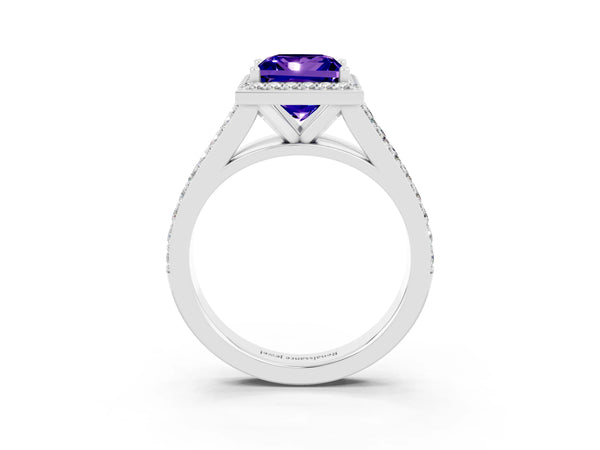 White gold Princess Cut Tanzanite Split Shank Halo Ring with Four-Prong Setting