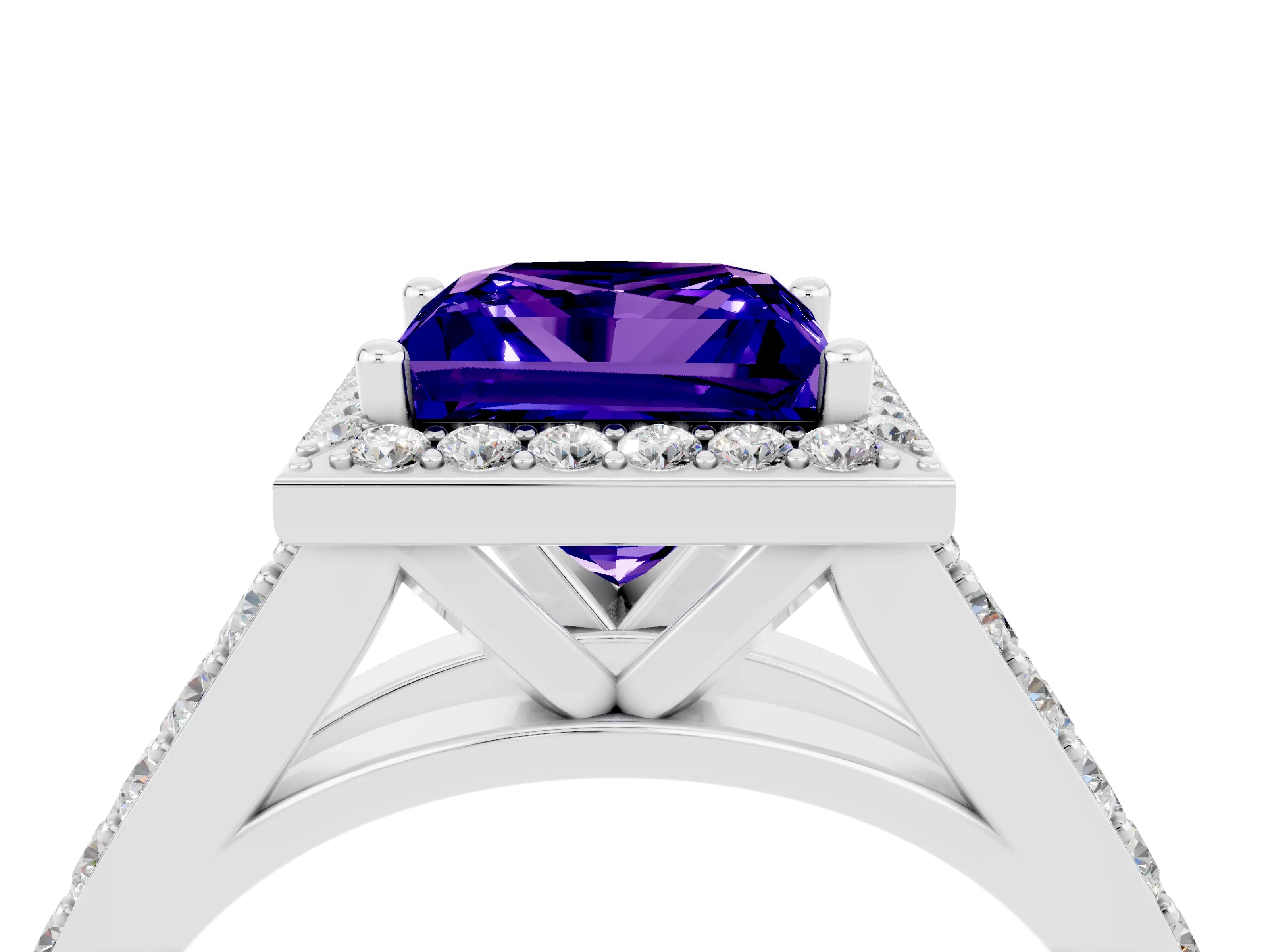 White gold Princess Cut Tanzanite Split Shank Halo Ring with Four-Prong Setting_64