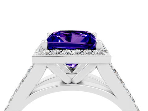 White gold Princess Cut Tanzanite Split Shank Halo Ring with Four-Prong Setting_64