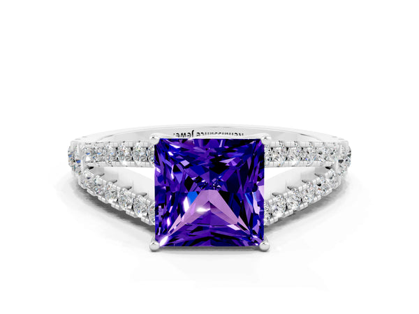 Silver Princess Cut Tanzanite Split Shank Pavé Engagement Ring with Four-Prong Setting