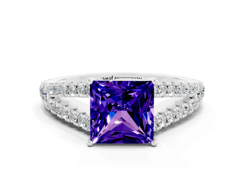 White gold Princess Cut Tanzanite Split Shank Pavé Engagement Ring with Four-Prong Setting_12