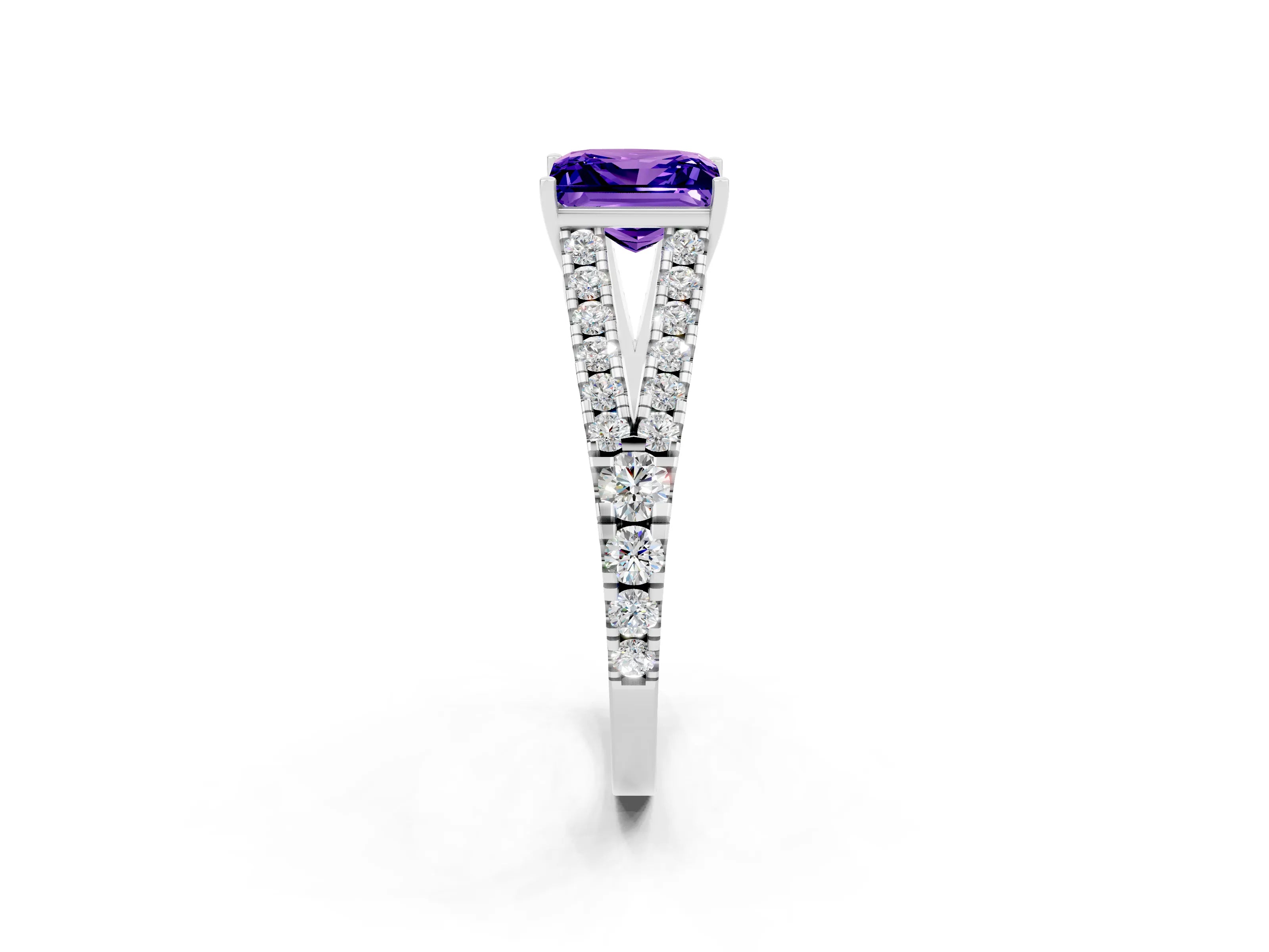 White gold Princess Cut Tanzanite Split Shank Pavé Engagement Ring with Four-Prong Setting_14