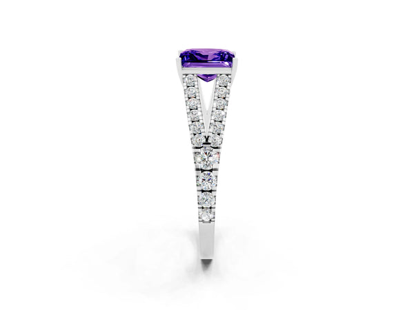 White gold Princess Cut Tanzanite Split Shank Pavé Engagement Ring with Four-Prong Setting