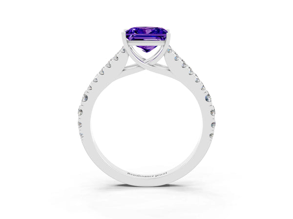 Platinum Princess Cut Tanzanite Split Shank Pavé Engagement Ring with Four-Prong Setting