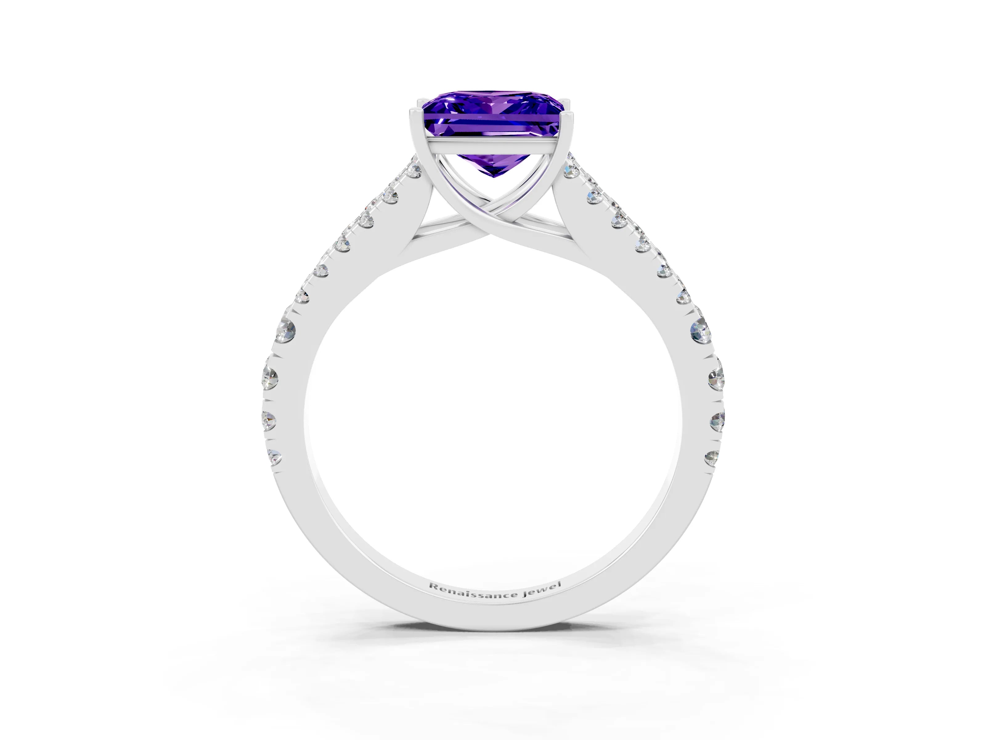 White gold Princess Cut Tanzanite Split Shank Pavé Engagement Ring with Four-Prong Setting_15