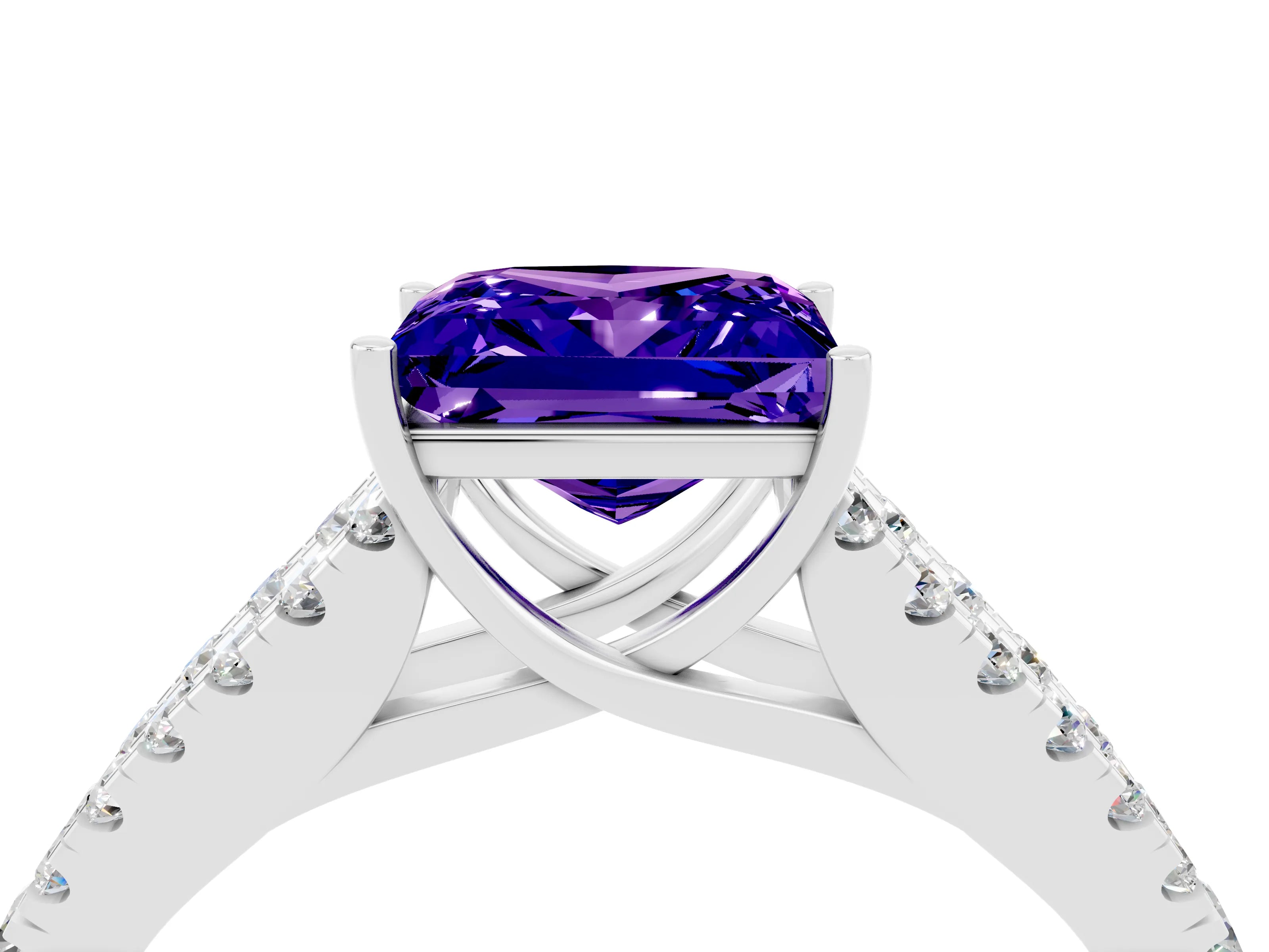 White gold Princess Cut Tanzanite Split Shank Pavé Engagement Ring with Four-Prong Setting_16