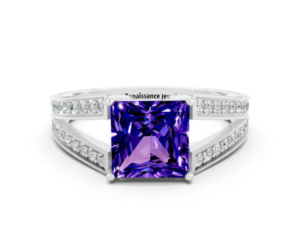 White gold Princess Cut Tanzanite Split Shank Ring with Pavé Band and Four-Prong Setting