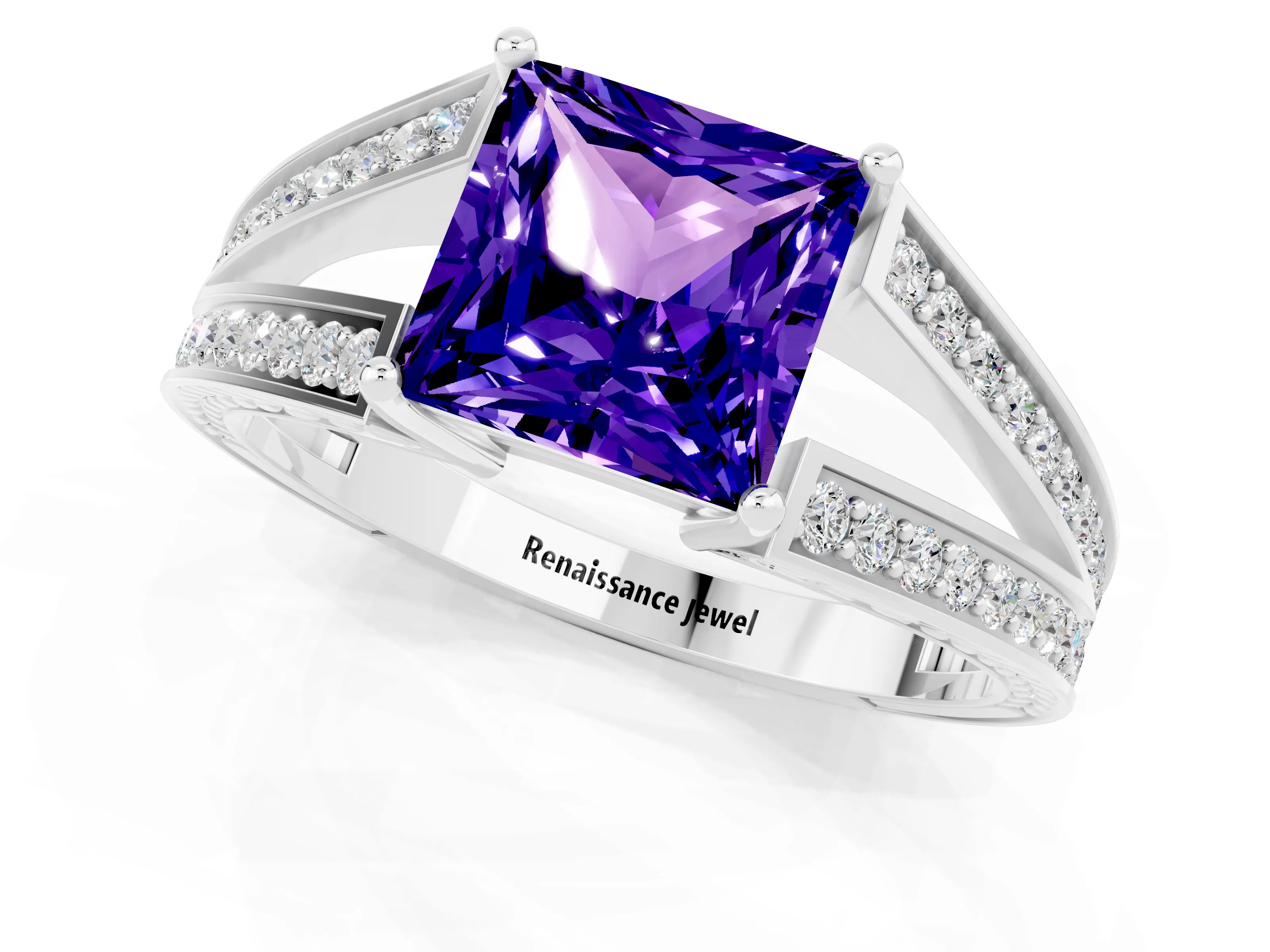 White gold Princess Cut Tanzanite Split Shank Ring with Pavé Band and Four-Prong Setting_1