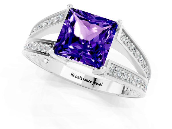 Silver Princess Cut Tanzanite Split Shank Ring with Pavé Band and Four-Prong Setting