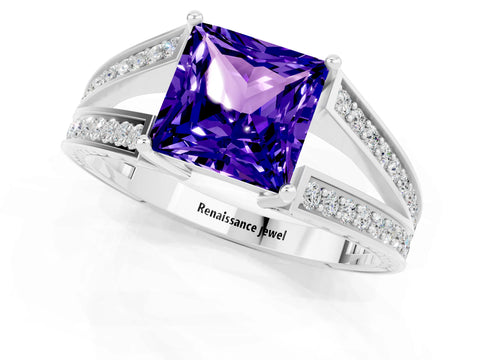 White gold Princess Cut Tanzanite Split Shank Ring with Pavé Band and Four-Prong Setting_1
