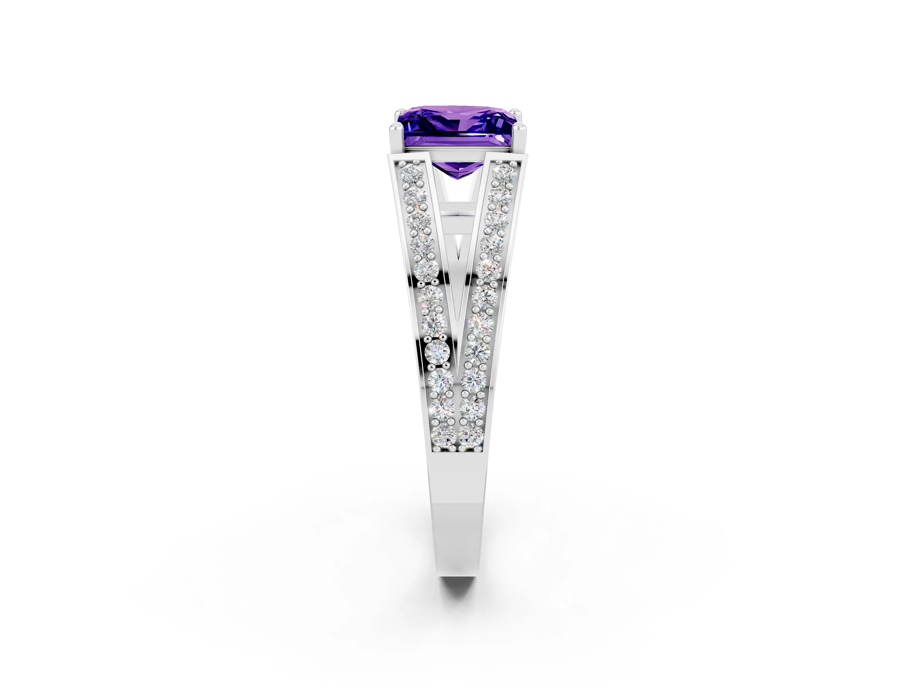 White gold Princess Cut Tanzanite Split Shank Ring with Pavé Band and Four-Prong Setting_2