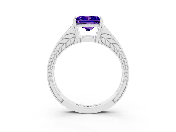 White gold Princess Cut Tanzanite Split Shank Ring with Pavé Band and Four-Prong Setting