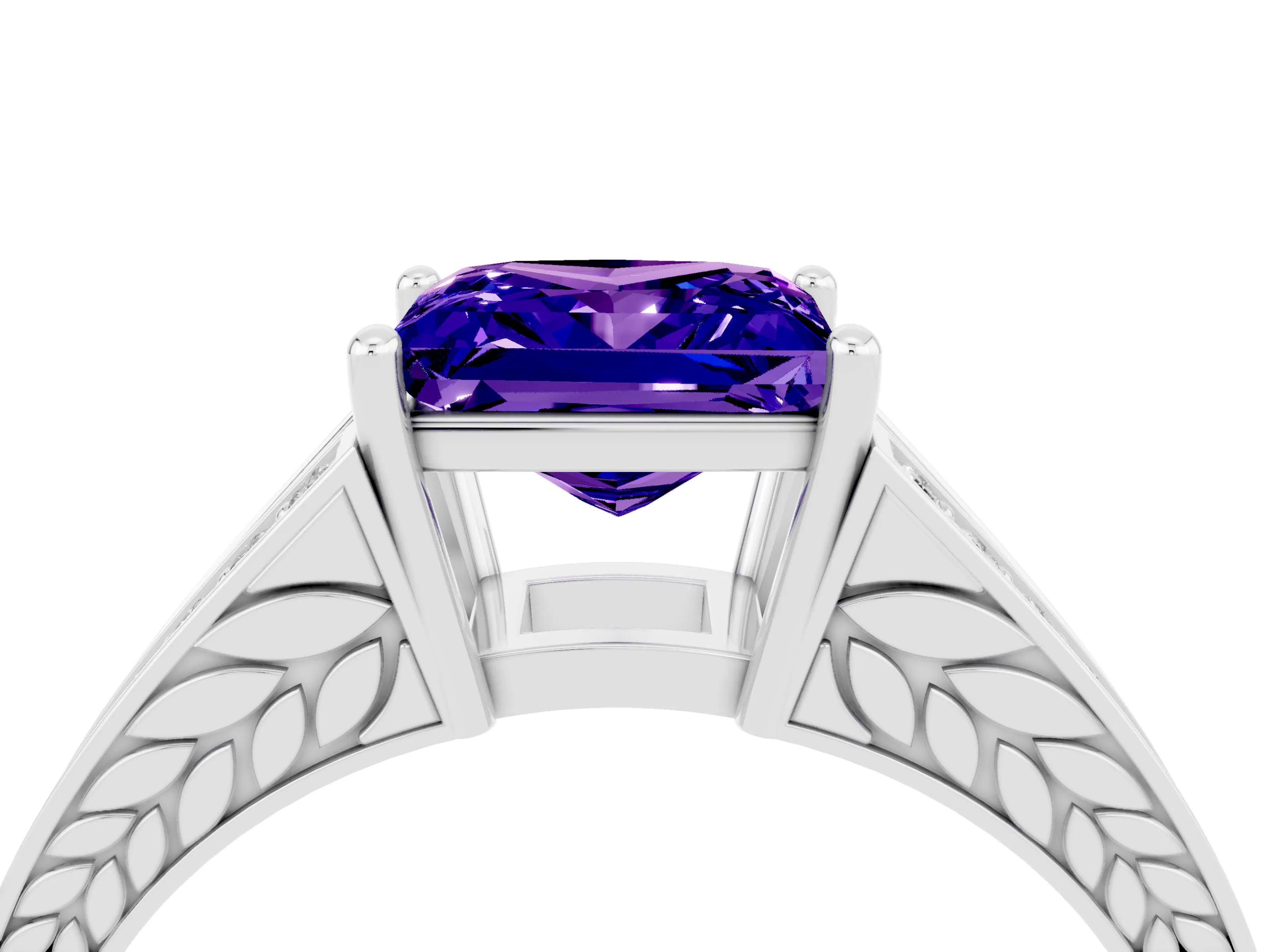 White gold Princess Cut Tanzanite Split Shank Ring with Pavé Band and Four-Prong Setting_4