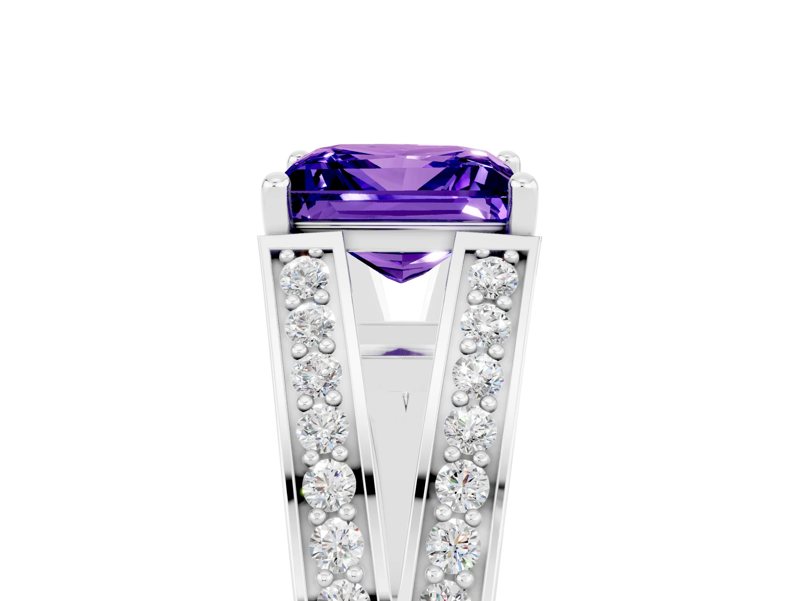 White gold Princess Cut Tanzanite Split Shank Ring with Pavé Band and Four-Prong Setting_5
