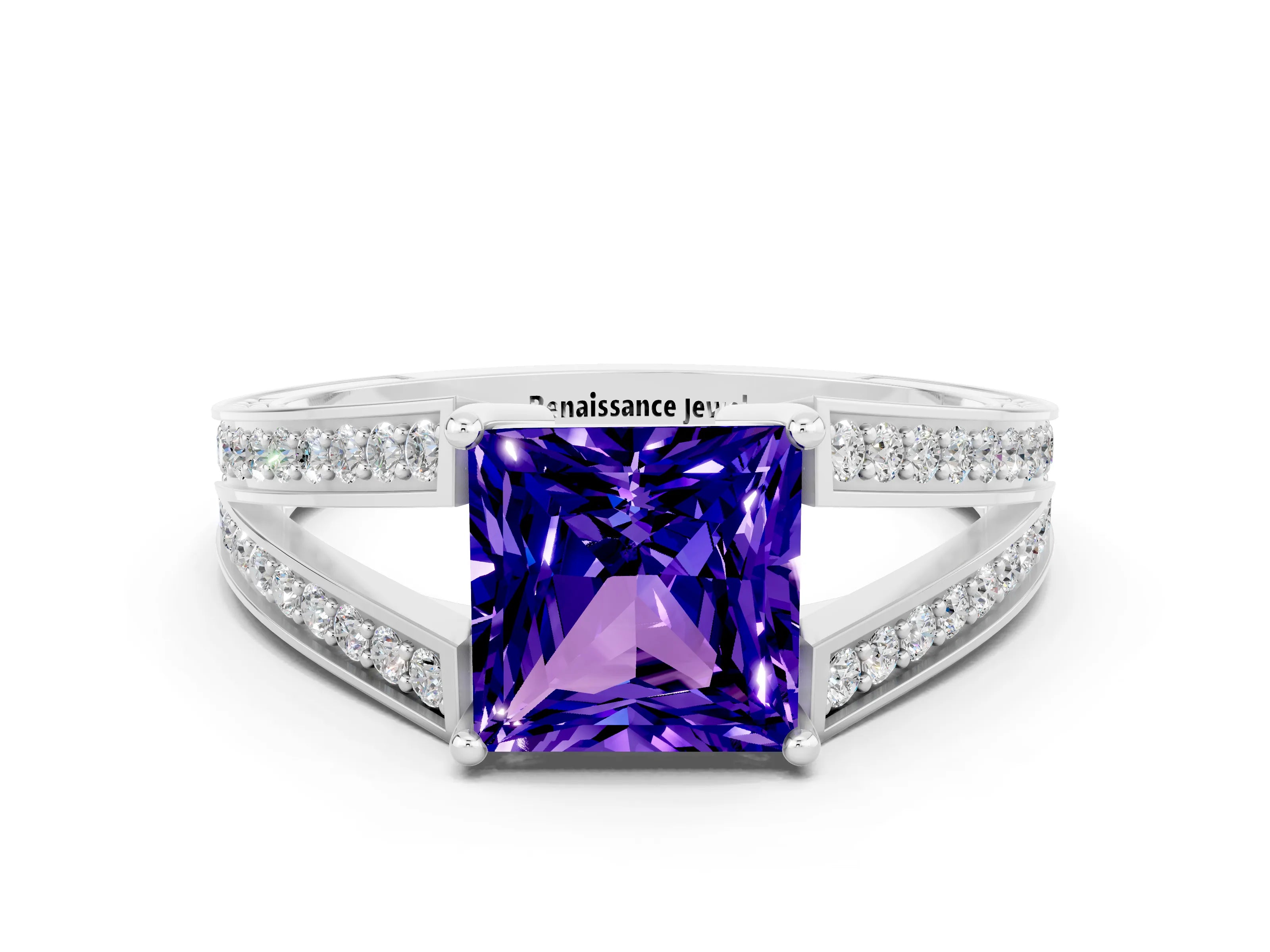 White gold Princess Cut Tanzanite Split Shank Ring with Pavé Band and Four-Prong Setting