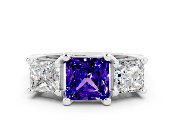 Platinum Princess Cut Tanzanite Three-Stone Ring with Channel Set Band and Four-Prong Setting