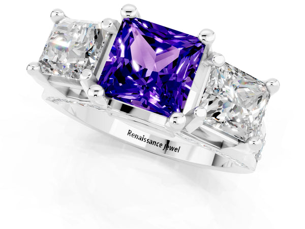 Platinum Princess Cut Tanzanite Three-Stone Ring with Channel Set Band and Four-Prong Setting