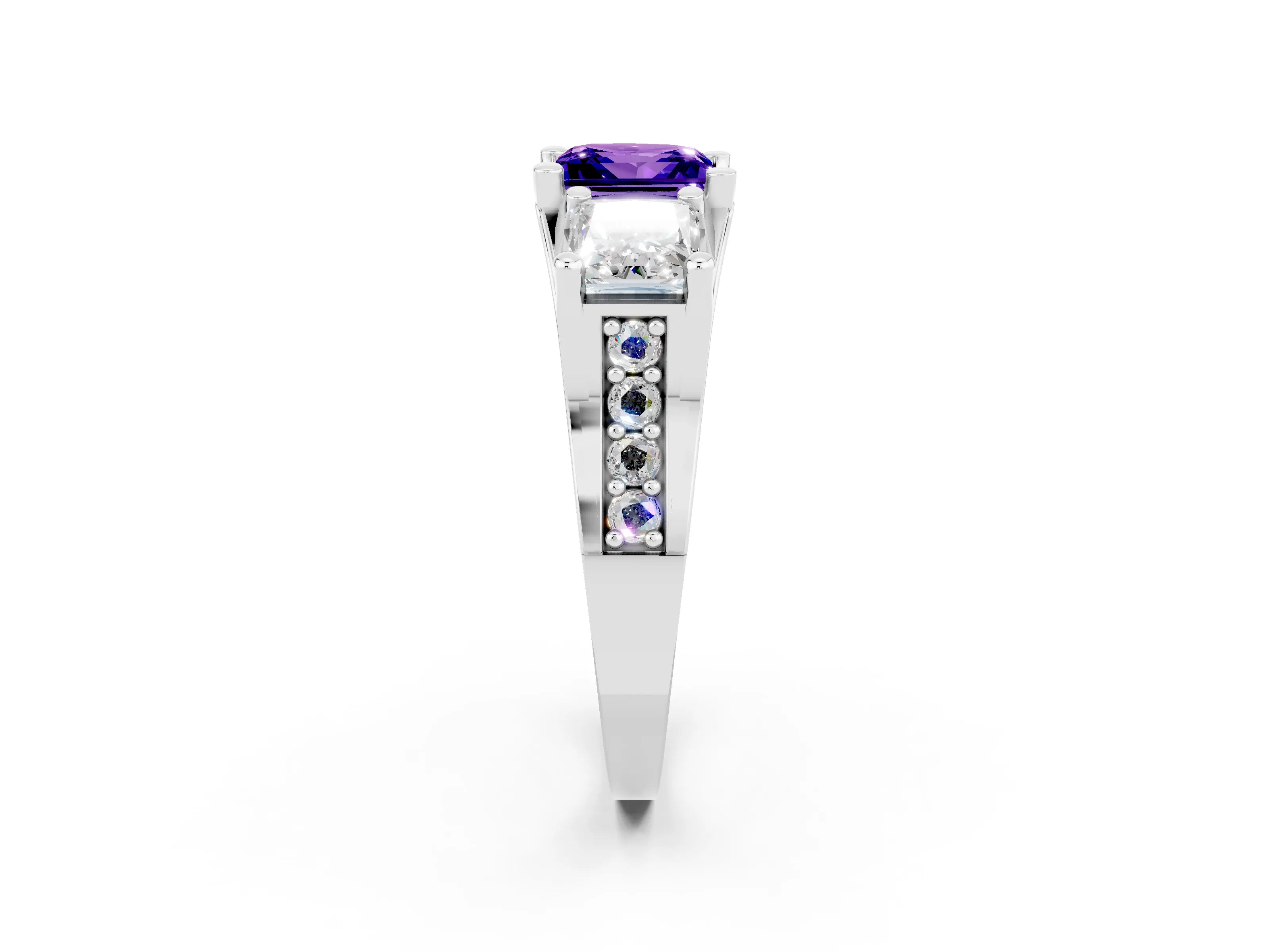 White gold Princess Cut Tanzanite Three-Stone Ring with Channel Set Band and Four-Prong Setting_2