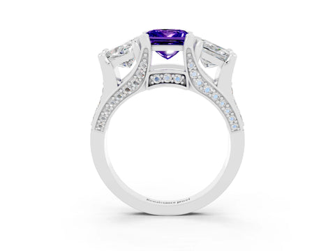 White gold Princess Cut Tanzanite Three-Stone Ring with Channel Set Band and Four-Prong Setting_3