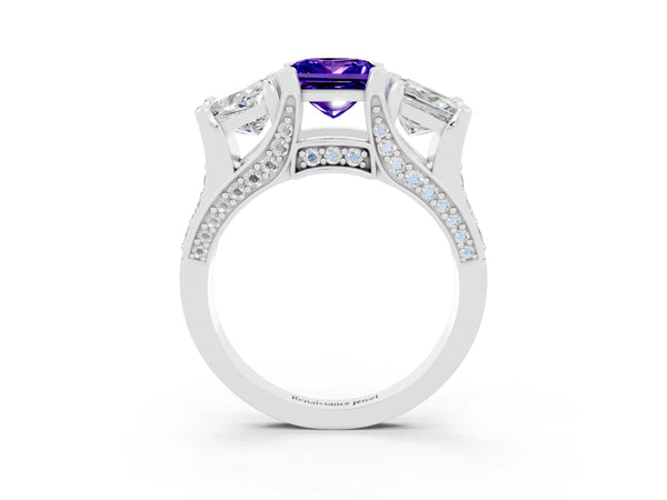 Silver Princess Cut Tanzanite Three-Stone Ring with Channel Set Band and Four-Prong Setting