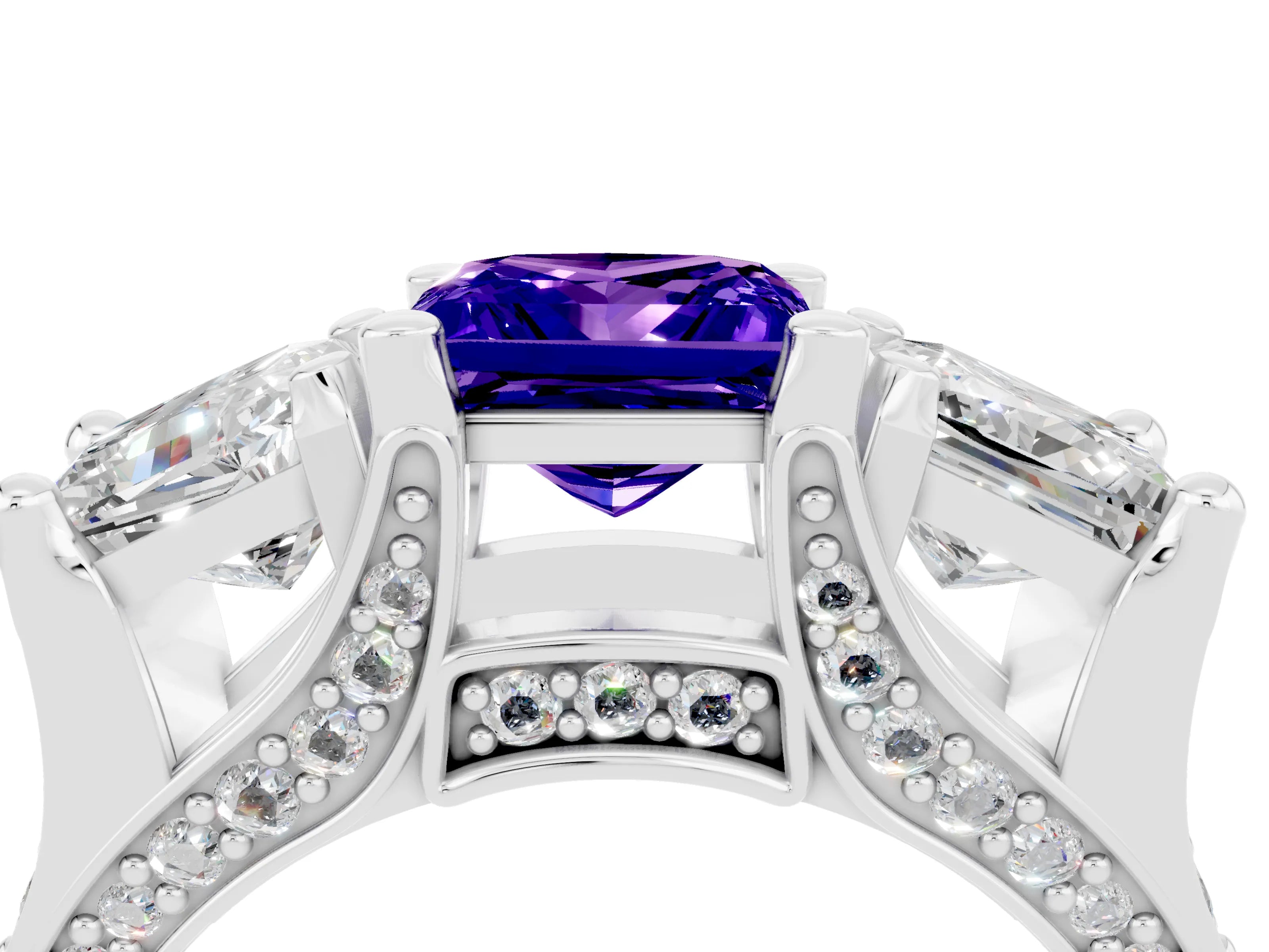 White gold Princess Cut Tanzanite Three-Stone Ring with Channel Set Band and Four-Prong Setting_4